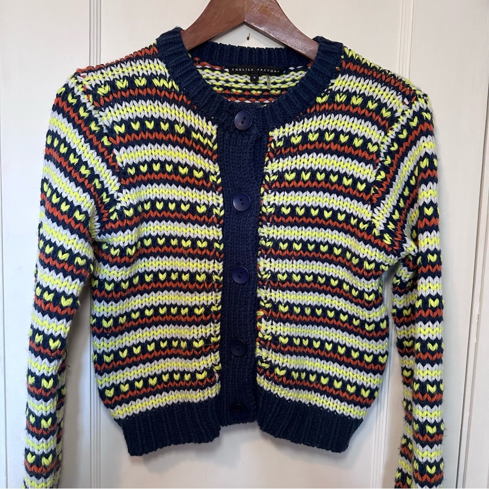 English Factory Chunky Knit Button Down Cardigan, Multicoloured, Cropped, Sz S